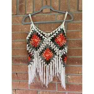 Handmade Crochet Fringe Boho Crop Top With Multicolor Diamond Pattern